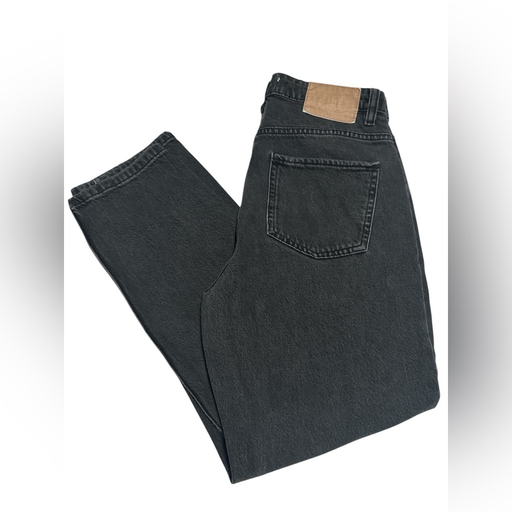 Zara Black High-Rise Straight Jeans with Tan Patch